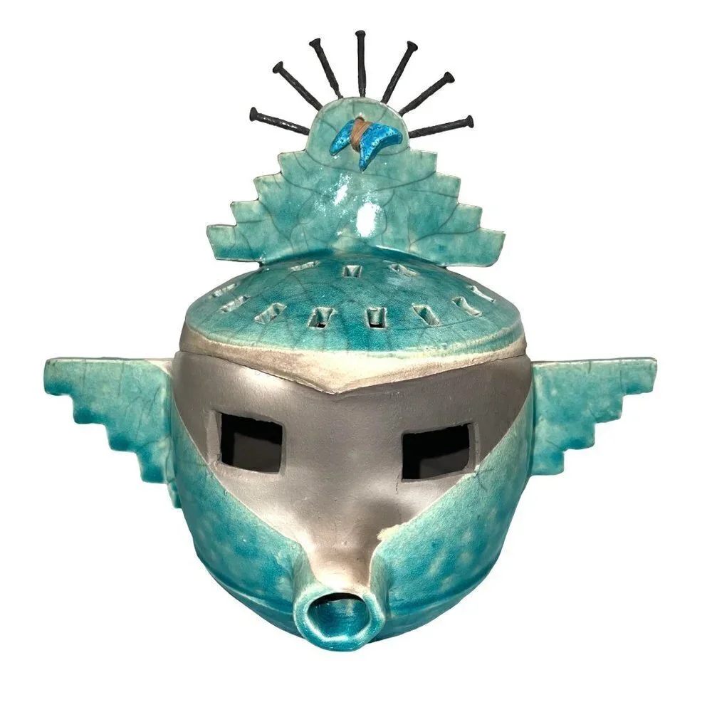 Barbara Heard Ceramic Lantern Signed Bird Head Blue Gray Handmade Pottery Candle